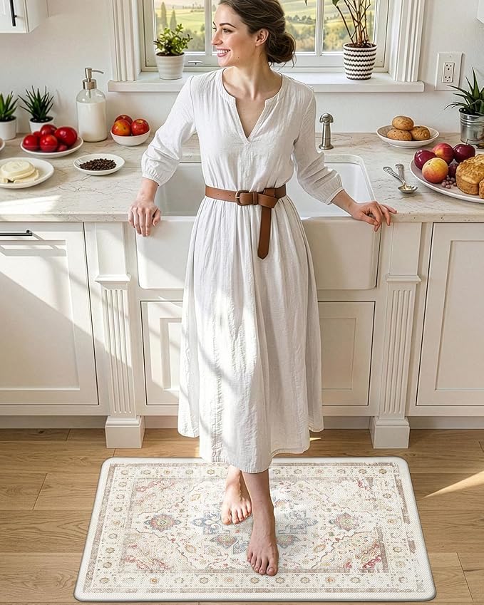 DEXI Kitchen Mats for Floor Cushioned, 23x35 Wide Runner Rug Non Slip, Waterproof Soft Comfort Standing Padded Anti Fatigue Decorative, Light Beige