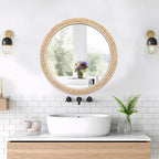 FUIN 24" Rattan and Wood Round Mirror for Boho Bathroom, Entryway, Living Room Decor