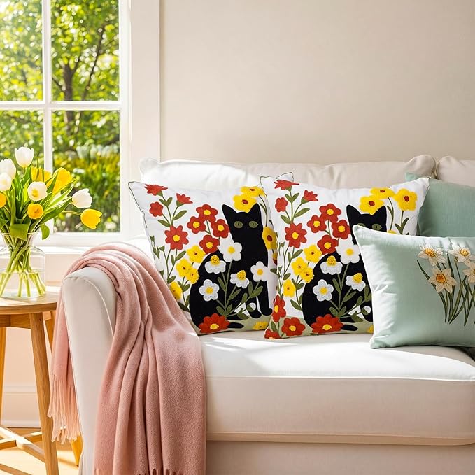 Breling 2 Pack Embroidered Cat Pillow Covers 18x18 Inch Cute Black Cat Floral Pillow Covers with Zipper Velvet Tufted Decorative Whimsical Fun Couch Pillows Cover for Living Room Sofa Bed Home Decor