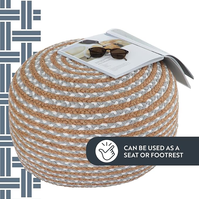 Round Ottoman Pouf Footstool Jute Pouffe Stool Seat Cushion Boho Home Decor Extra Seating Pouffe for Living Room, Bedroom, Indoor, Artic Circle 22x22x12 inch, Natural-Cold Blue