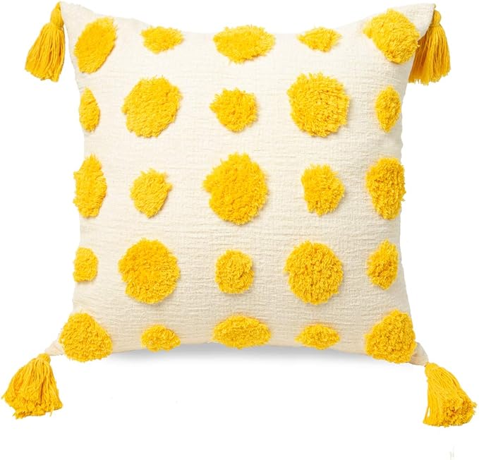 PLWORLD Boho Yellow Throw Pillow Cover 18x18 Inch with Tassels, Pom Pom Tufted Decorative Cream Chenille Fabric Accent Textured Cushion Case for Bed Couch, 1 PC Cover Only No Insert