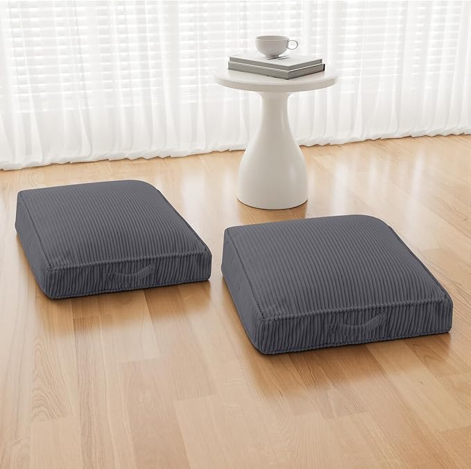 Floor Pillow for Adults Set of 2, 4" Square Floor Cushions with Washable Cover, Large Corduroy Meditation Pillow, 22 inches Tatami Seat with Handle for Living Room or Yoga, Dark Grey