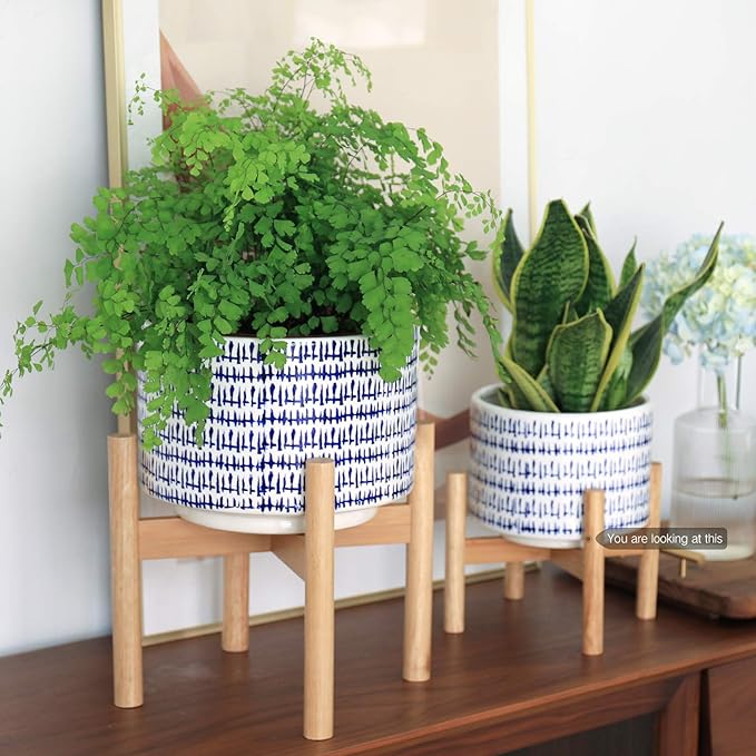 LA JOLIE MUSE Blue Planter with Stand - 7.3 Inch Retro Round Decorative Flower Pot Indoor with Wood Planter Holder, Blue and White, Home Decor Gift
