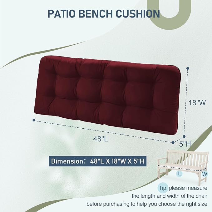 downluxe Outdoor Bench Cushion for Patio Furniture, Water Resistant Tufted Overstuffed Porch Swing Cushions, Thick Outdoor Loveseat Cushions, 48" X 18" X 5", Burgundy, Set of 1
