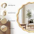 Circle Wood Mirrors for Wall, Wavy Round Bathroom Scalloped Mirror Wooden Frame 28 Inch for Living Room Farmhouse Bedroom Hallway Entryway Living Room with Shatterproof Glass Wall Mounted