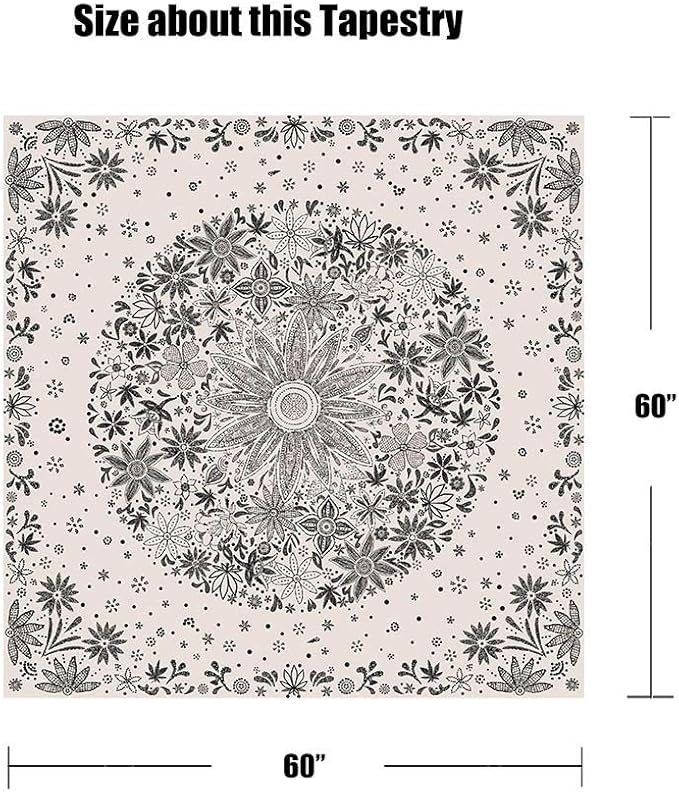 Neasow Bohemian Tapestry Wall Hanging, Beige White Floral Tapestry with Dotted Daisy Medallion Print Bedroom Boho Hippie Home Decor, 60×60 inches
