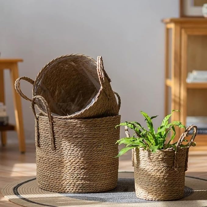 Seagrass Handmade Wicker Planter Basket with Handle for Indoor Plants Pot, 11.8 inch Multipurpose Hand Woven Storage Basket Flower Pot for Home Decor, Living Room Storage Basket (11.81''X10.63'')