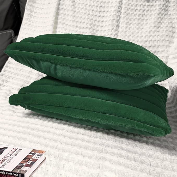 2 Pack 12x20 Pillow Cover Velvet Pillow Covers, Faux Fur Oblong Throw Pillow Covers for Living Room Decorations Throw Pillow Case, Throw Pillow Cover Cushion Cover for Sofa Bedroom Car, Dark Green