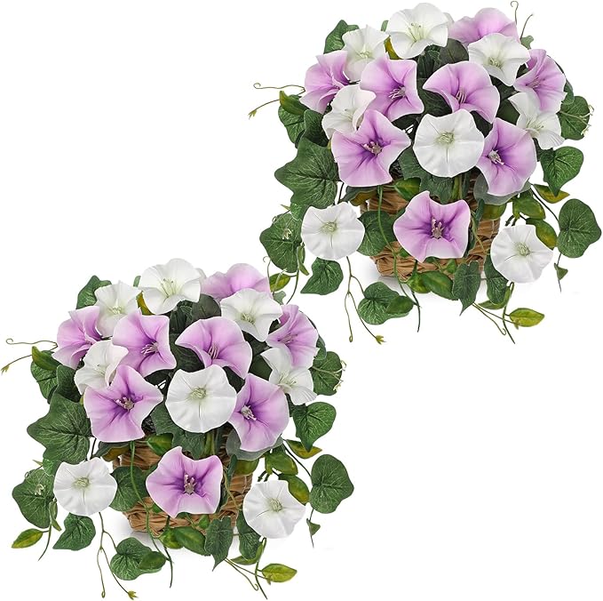 Briful 2 Pack Fake Morning Glory with Handwoven Basket - 8.2in Faux Potted Flowers Silk Floral Table Centerpiece for Home Office Room Shelf Desk Decor