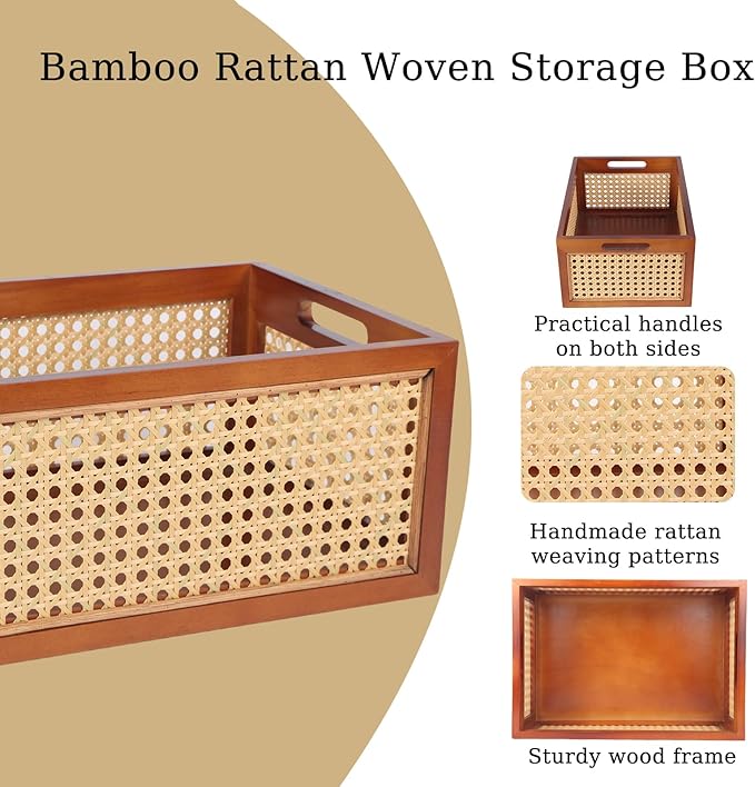 Wooden Storage Basket with Rattan Cane Webbing, Brown, Handles, Book, Office, Desktop Basket