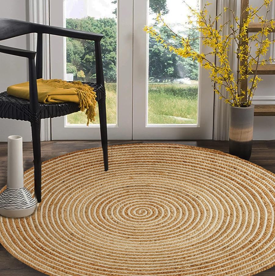 GRUHUM Handwoven 9ft Jute Area Rug Natural Fiber Cotton Round Boho Farmhouse Rustic Vintage Soft Braided Reversible Eco Friendly Rugs- Indoor Outdoor Kitchen Bedroom Living Room Hallways (9'ft Round) - color: Natural- 13, size: 9' (Round)