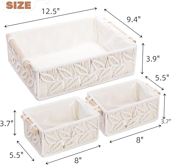 ZOOFOX Set of 3 Macrame Storage Basket, Handmade Woven Boho Basket with Cloth Liner and Wooden Handles, Decorative Toilet Tank Shelf Cabinet Organizer for Bedroom Living Room Nursery