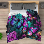 Butterfly Neon Throw Blankets for Women Farmhouse Blue Purple Colorful Butterflies Fleece Bed Blankets Ultra Soft Warm All Season Decorative Fleece Blankets for Chair Car Sofa Couch 70"X80"