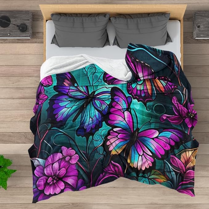 Butterfly Neon Throw Blankets for Women Farmhouse Blue Purple Colorful Butterflies Fleece Bed Blankets Ultra Soft Warm All Season Decorative Fleece Blankets for Chair Car Sofa Couch 50"X60"