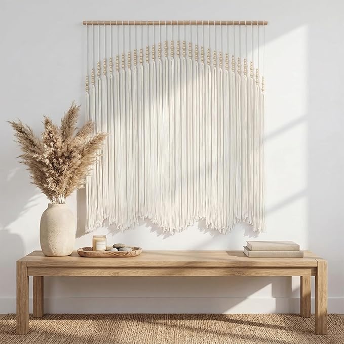 Betylifoy Macrame Wall Hanging Large Boho Wall Decor Beige Macrame Tapestry with Wooden Beads Cotton Rope Bohemian Handmade Woven Wall Art Decor for Bedroom Living Room Apartment Dorm Backdrop