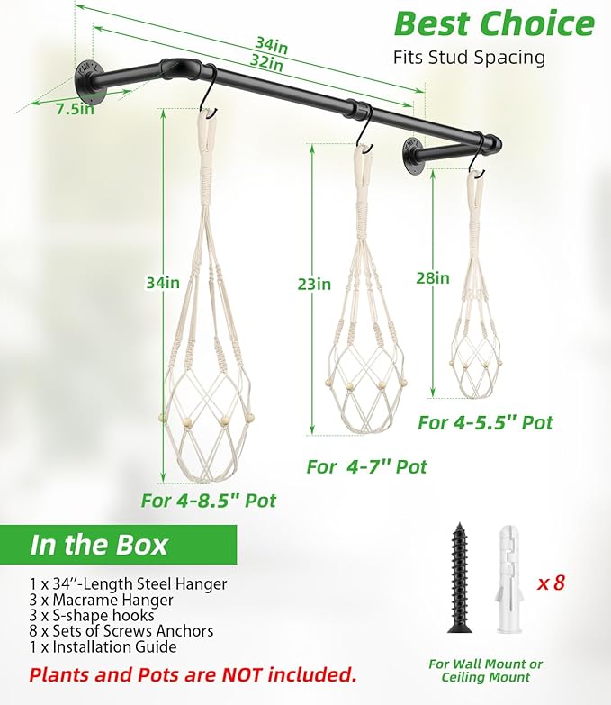 Plant Hanging Rod, with 3Pcs Macrame Plant Hangers and 3 Hooks, 32" Plant Hanger Indoor, Hanging Planter for Indoor Plants, Window Wall Ceiling Plant Hanger (POTS & PLANTS NOT INCLUDED)…