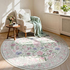 Lahome Sylvie Purple 6 ft Circle Rug Washable, Floral Accent Round Rug for Girls Bedroom Decor, Non-Slip Accent Circular Carpet for Nursery Calm Corner Seating Area