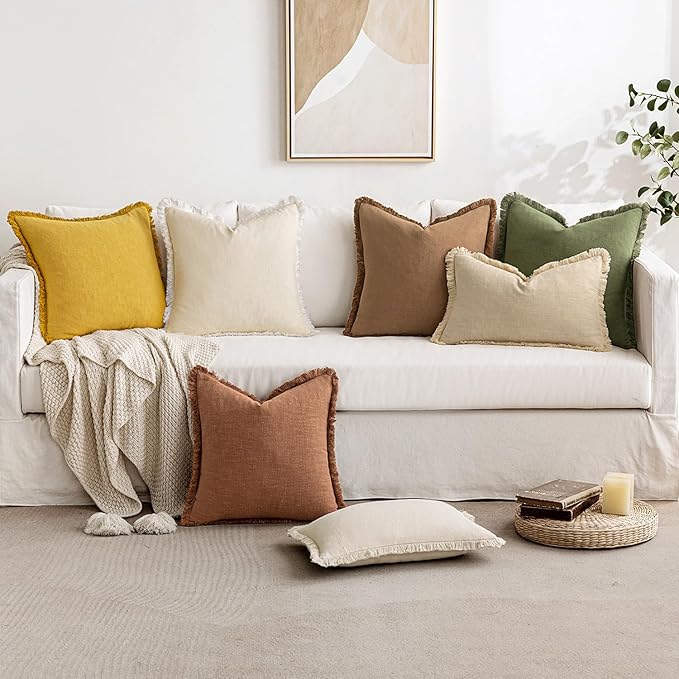 MIULEE Decorative Lumbar Throw Pillow Covers Neutral Linen Fringe Throw Pillows Set of 2 Mustard Yellow Boho Farmhouse Cushion Covers for Couch Sofa Bed Living Room Spring Home Decor 12x20 Inch