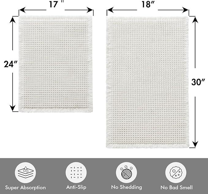 MIULEE Set of 2 Waffle Bathroom Rugs, Boho Bath Rugs Non Slip Washable, Super Absorbent Bath Mats, Ultra Soft Rubber Backed Shower Mats for Bathroom Floor, Tub, White, 17"x24"+18"x30"