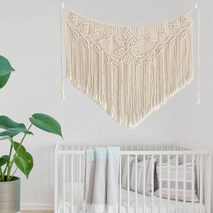 Youngeast Home Decor Leaf Shape Macrame Wall Hanging Woven Tapestry Bedroom Curtain Fringe Garland Banner Living Room Wall Decor Beige 39X31 inches