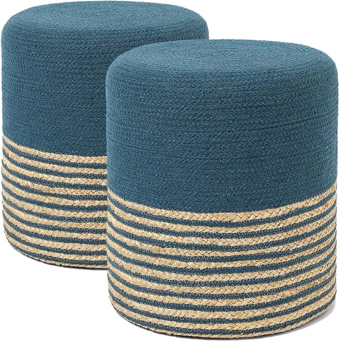 REDEARTH · Cylindrical Pouf Foot Stool Ottoman - Jute Braided Pouffe Poof Accent Sitting Footrest for Living Room, Bedroom, Nursery, Patio, Lounge Set of 2 (Teal Natural, 14.5"X14.5"X16")