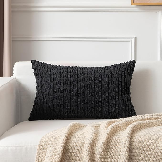 Kevin Textile 14x24 Inch Pillow Cover 1 Pack Boho Decorative Soft Striped Corduroy Lumbar Farmhouse Accent Rectangle Cushion Case for Living Room Couch Sofa Bed, Black