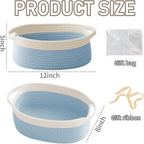 Woven Basket,Small Rope Storage Bin with Handles & Ribbon Bag, Organizer for Shelves Closets,Gift Basket Empty for Birthday,Books,Dog Toys, White&Blue/2 Pack