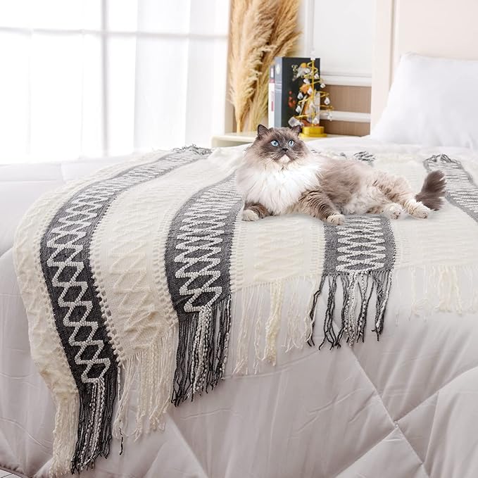 Quinnsus Knit Soft Lightweight Decorative Bed Throw Blankets, Jacquard Textured Boho Summer Throw Blanket with Tassels for Bed, Sofa and Living Room (Grey, 50 x 60 inches)