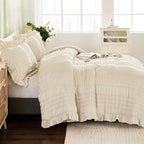WONGS BEDDING Beige Textured Comforter Set King,3 Pieces Ruffle Farmhouse Shabby Chic Comforter for Queen Bed,Soft Seersucker Boho Bedding Set with 1 Ruffle Comforter,2 Tufted Pillowcases 104"×90"
