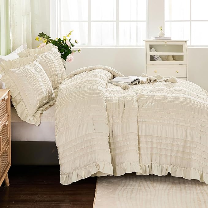 WONGS BEDDING Beige Textured Comforter Set King,3 Pieces Ruffle Farmhouse Shabby Chic Comforter for Queen Bed,Soft Seersucker Boho Bedding Set with 1 Ruffle Comforter,2 Tufted Pillowcases 104"×90"