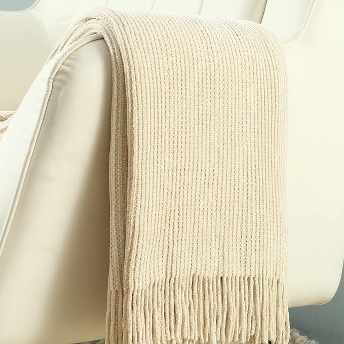 CREVENT Super Cozy Soft and Warm Chenille Throw Blanket for Sofa Couch Chair Bed, Spring Summer Fall All Season Use, Gift for Mom Girlfriend (50''X60'' Ivory)