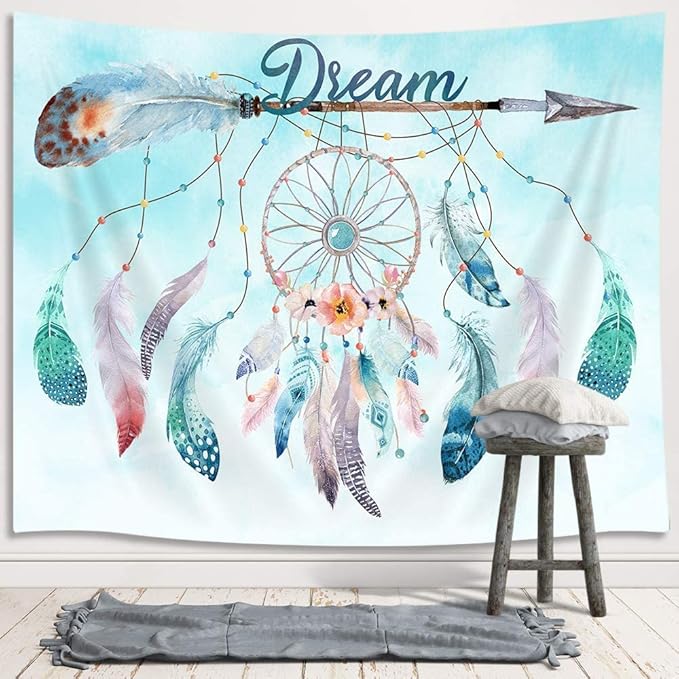 Dream Catcher Feather Mini Tapestry, Native American Arrow Dreamcatcher Tapestry Wall Hanging for Teen Girl Bedroom, Blue Teal Bohemian Bohemian Tapestries Living Room College Dorm Home Decor (40W X