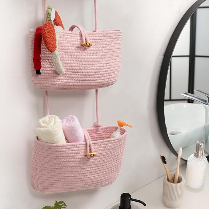 TeoKJ Over the Door Hanging Baskets with Button Strap, 3-Tier Woven Cotton Storage Organizer Bag, Wall-Mounted with Hook Decorative Hanging Nursery Baskets - Pink