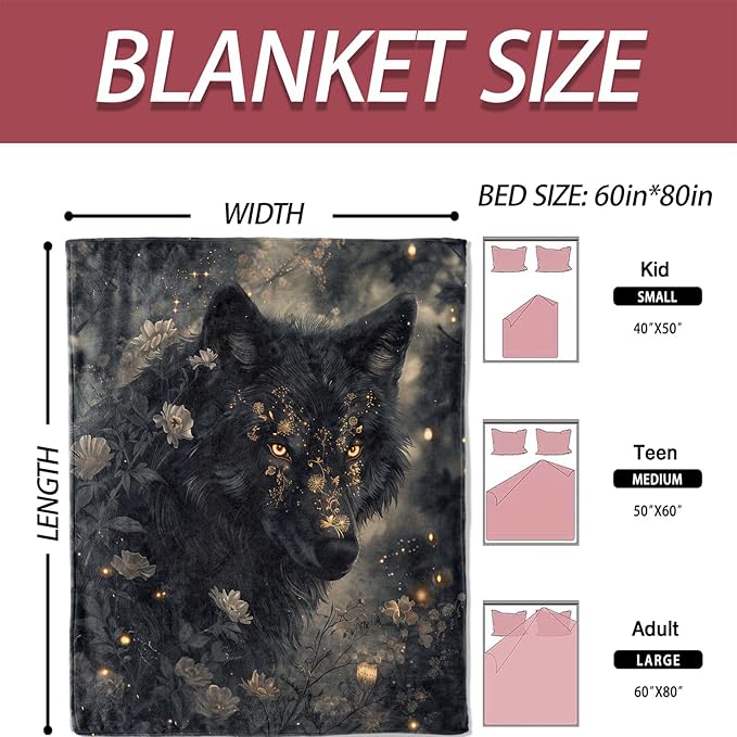 Mystical Black Wolf Flannel Blanket 60x80in,Enchanted Forest Floral Night Design,Soft Lightweight Throw for Wolf Lovers,Fantasy Fans,Wiccan Decor and Dark Aesthetic Rooms Gifts Blankets