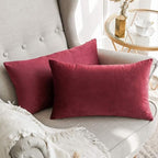 MIULEE Pack of 2 Velvet Soft Solid Decorative Lumbar Rectangle Throw Pillow Covers Cushion Case Home Decor for Sofa Couch Bedroom Car 12x20 Inch Wine Red