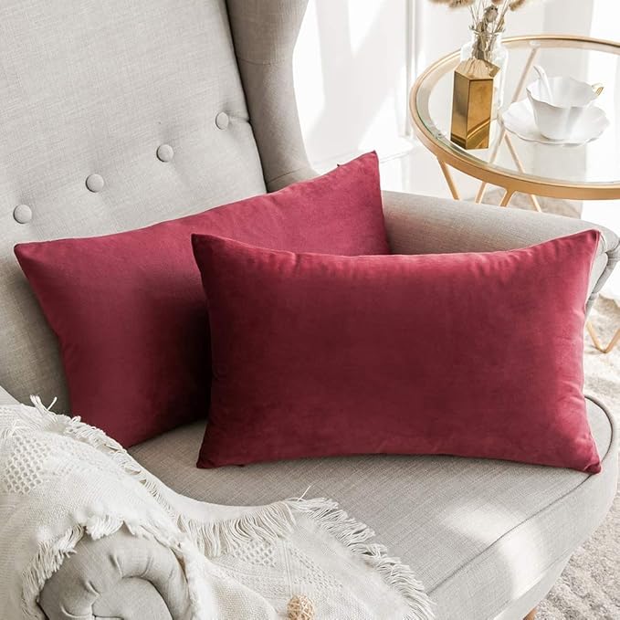 MIULEE Pack of 2 Velvet Soft Solid Decorative Lumbar Rectangle Throw Pillow Covers Cushion Case Home Decor for Sofa Couch Bedroom Car 12x20 Inch Wine Red