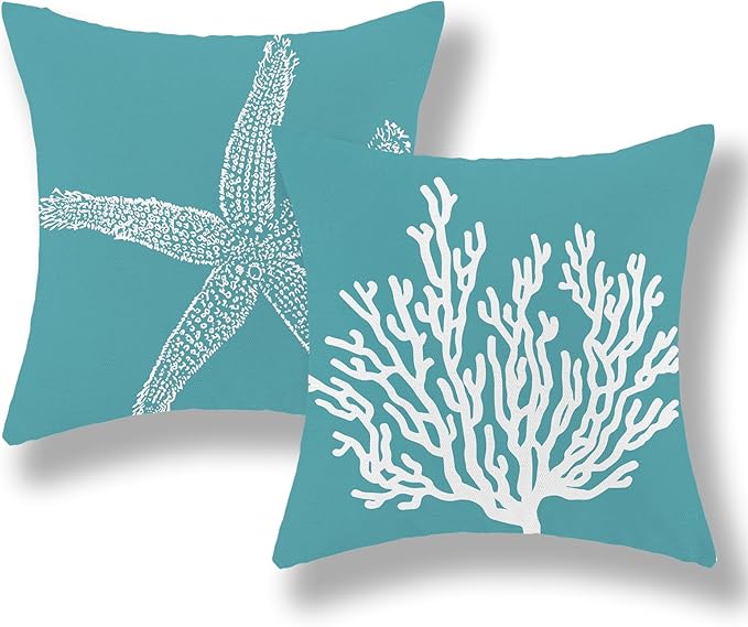Coastal Pillow Covers 20x20 Set of 2 Aqua Teal Turquoise Coral Starfish Throw Pillows Nautical Ocean Decorations Summer Linen Beach Pillowcase Outdoor Decor Farmhouse Cushion Case for Couch