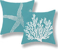 Coastal Pillow Covers 18x18 Set of 2 Aqua Teal Turquoise Coral Starfish Throw Pillows Nautical Ocean Decorations Summer Linen Beach Pillowcase Outdoor Decor Farmhouse Cushion Case for Couch