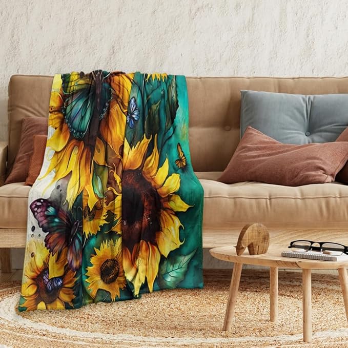 Sunflower Throw Blankets for Couch,Farmhouse Wildflower Blankets Green Butterflies Insect Floral Design Cozy Luxury Rustic Yellow Flower Blue Teal Flannel Bed Blanket for Women Girl 70"x80"