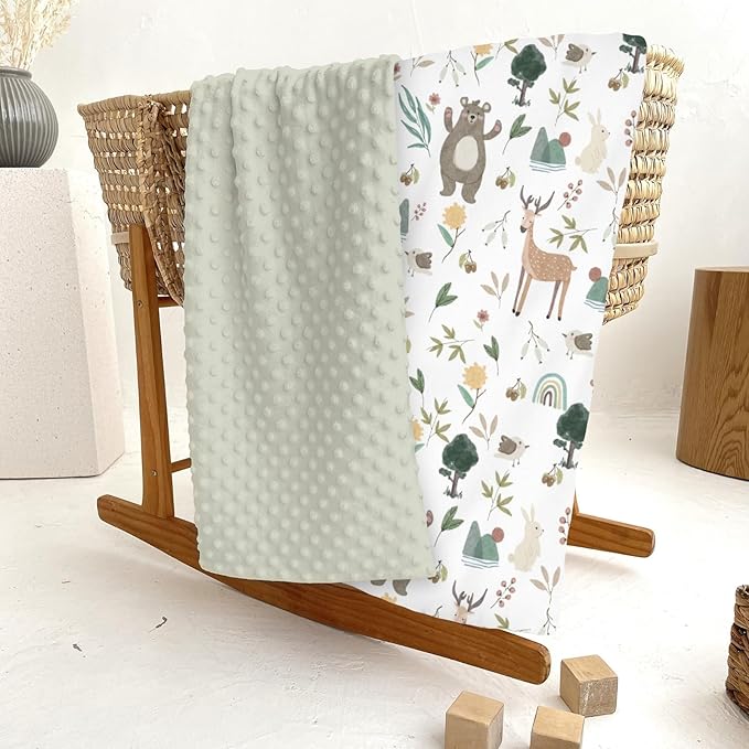 Whimsical Animals Baby Blankets for Girl Boy Cute Animals Spring Soft Mink Dotted Backing Double Layer Swaddle Blanket Bear Deer Bunny Rainbow Greenery Bed Throw for Infant Toddler Nursery 30x40