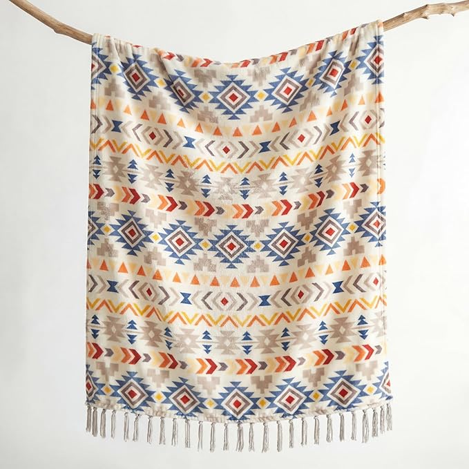 CASAAGUSTO Boho Throw Blanket - Colorful Decorative Blankets with Tassel, Printed Flannel Bohemian Blanket for Chair, Bed, Sofa, Couch(50 * 60, Colorful)