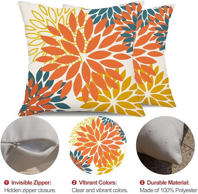 DFXSZ Orange Yellow Flower Pillow Covers 20x20 Inch Set of 2 Fall Throw Pillows Outdoor Waterproof Decor for Living Room Sofa Patio Funiture Garden Floral Polyester Pillow Covers 012E20