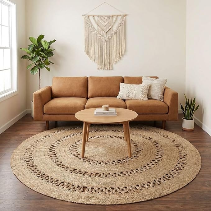 · REDEARTH · Round Area Rug - 6 Feet Braided Scalloped Earthy Trails Jute Rug- Artisan Made Boho Jute Patterned Rugs for Bedroom, Kitchen, Living Room, Farmhouse, Aesthetic, Handmade Vintage Décor