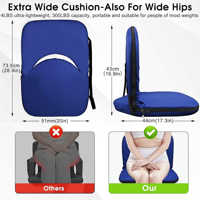 Stadium Seats Cushion for Bleachers with Strong Back Support, Folding Bleacher Seat with 20In Wide Cushion, 4LBS Lightweight, 6 Reclining Positions, Multifunctional Floor Chair for Indoor or Outdoor