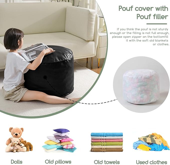 HIGOGOGO Round Stuffed Pouf Ottoman, Pu Leather Poufs with Foam Chunk Filling, Furry and Fluffy Pouf Foot Stool Storage Ottoman, 26 X 18 Floor Poufs Foot Rest for Living Room, Black
