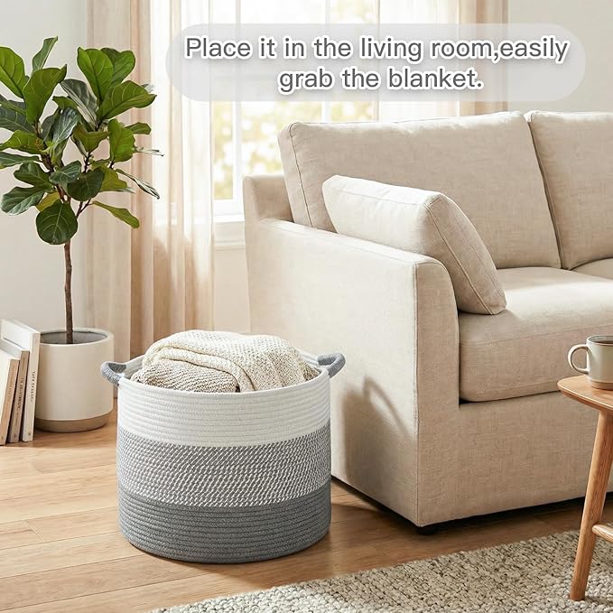 70L Large Cotton Rope Basket, Decorative Woven Blanket Storage for Living Room, Boho Toy Storage & Toy Box for Kids, Versatile Laundry Basket & Nursery Hamper for Blankets(Grey)