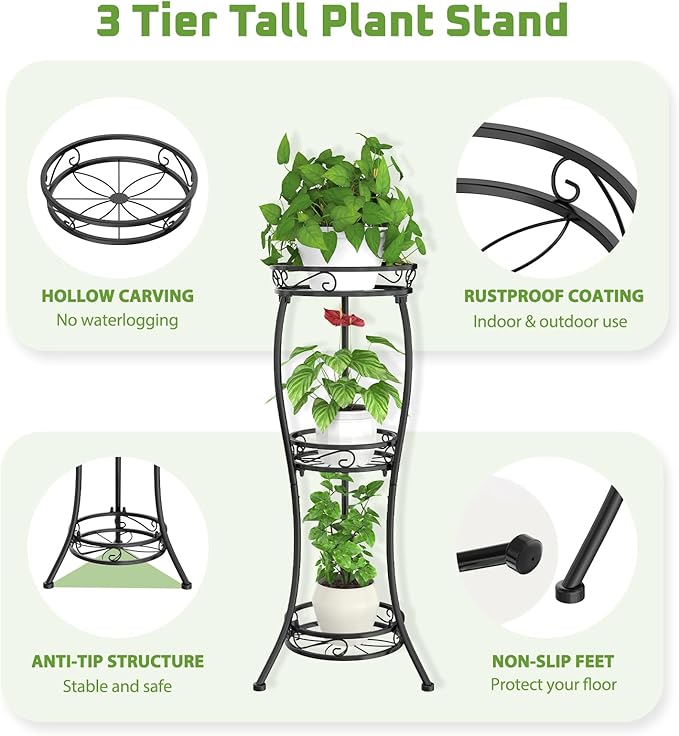 iDavosic.ly 3 Tier Tall Metal Plant Stand Indoor Outdoor, Wrought Iron Corner Flower Pot Holder Shelf, 34 Inch Vertical Display Rack for Patio Porch Living Room Garden, Black