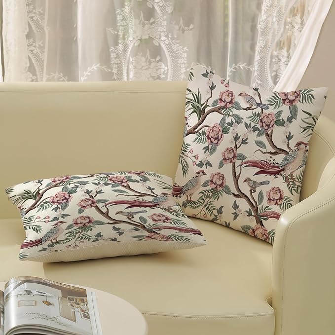 Chinoiserie Pillow Covers 18x18 Set of 2 Pink Green Bird Floral Throw Pillows Vintage Pink Flower Bird Decorative Pillow Cases Chinoiserie Decor Farmhouse Outdoor Cushion Case for Couch Sofa