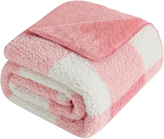 LURKA Checkered Sherpa Fleece Throw Blanket – Soft and Cozy, Medium Weight for All Season, Plush Throw for Couch, Bed & Pets, Powder Pink, 50x60 Inches