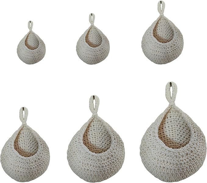 6 Pack Natural Cotton Rope Hanging Basket Hand Woven Wall Mounted Hung Fruit Vegetable Potted Plants Organizer Living Room Kitchen Boho Decor Storage Bags (6 Sizes White)